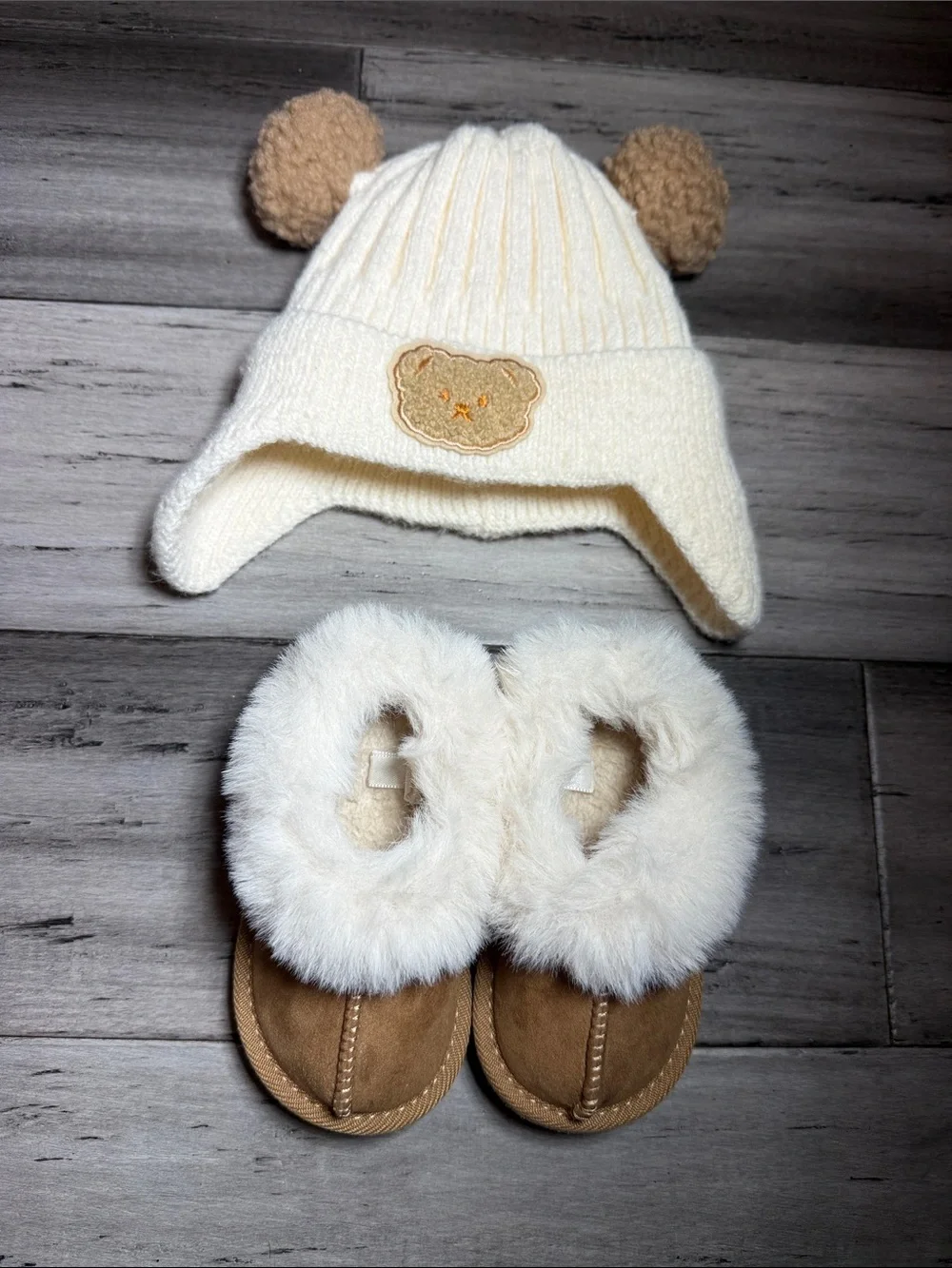 Kids Cream Bear Hat and Tan Fur-Lined Booties Set